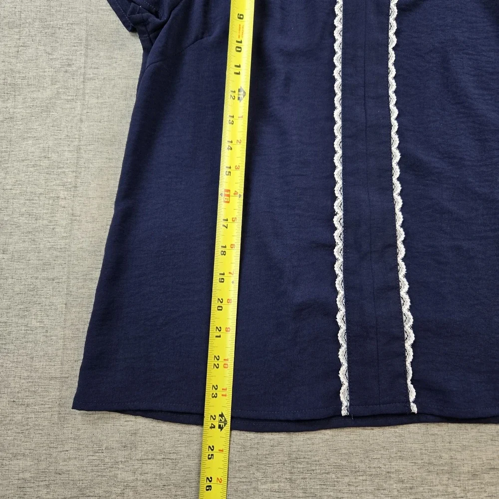 Fair Haven Women's Short Sleeve Shirt Navy with Feminine Lace Trim Demure Large - Picture 7 of 9